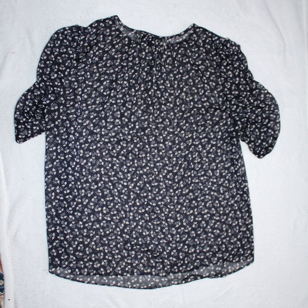 J. Crew Sheer Floral Blue & Gold Blouse Ruched Sleeves Short Sleeve Size Small - Picture 2 of 5